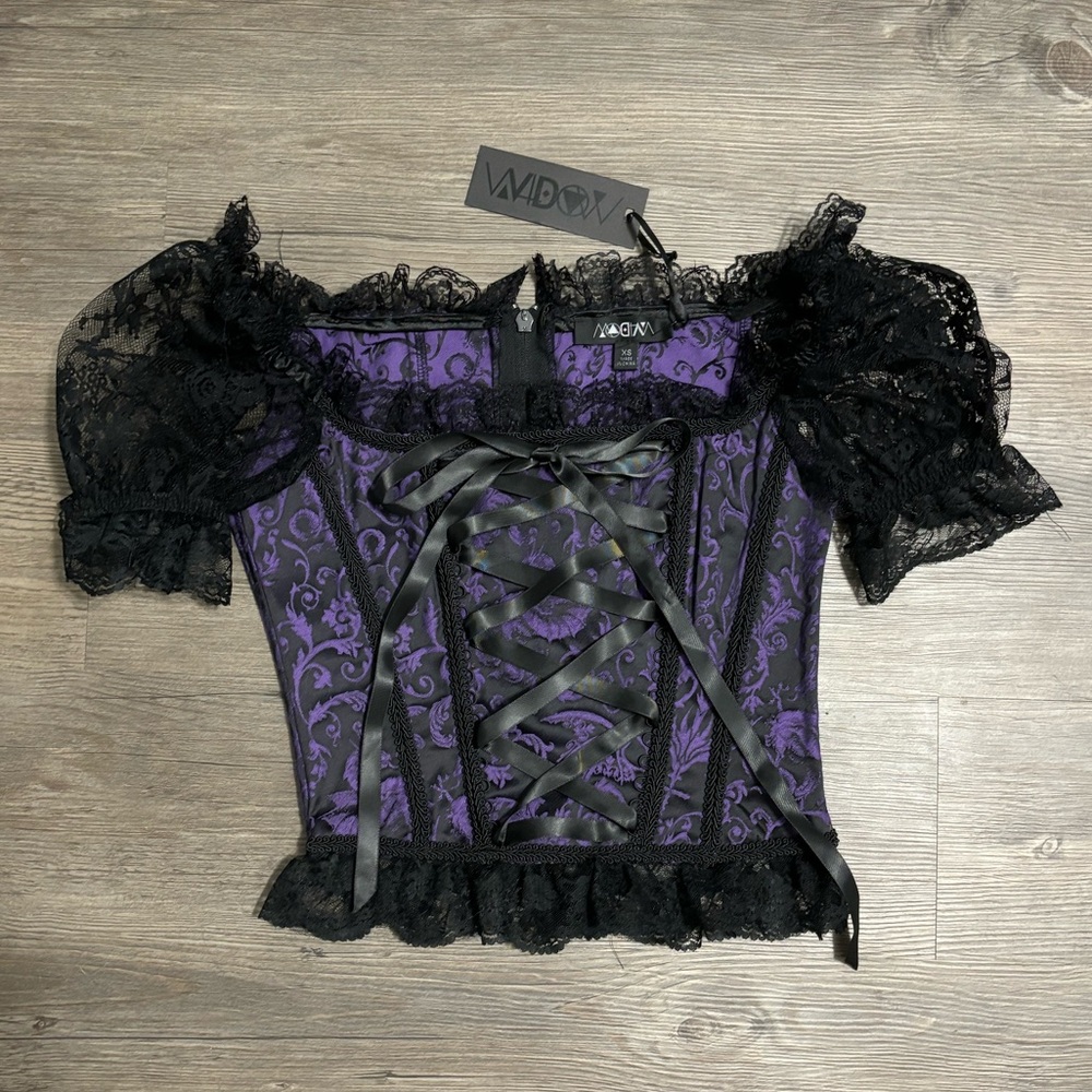 NWT Dolls Kill / Widow Hit The Ground Purple Brocade Corset Top